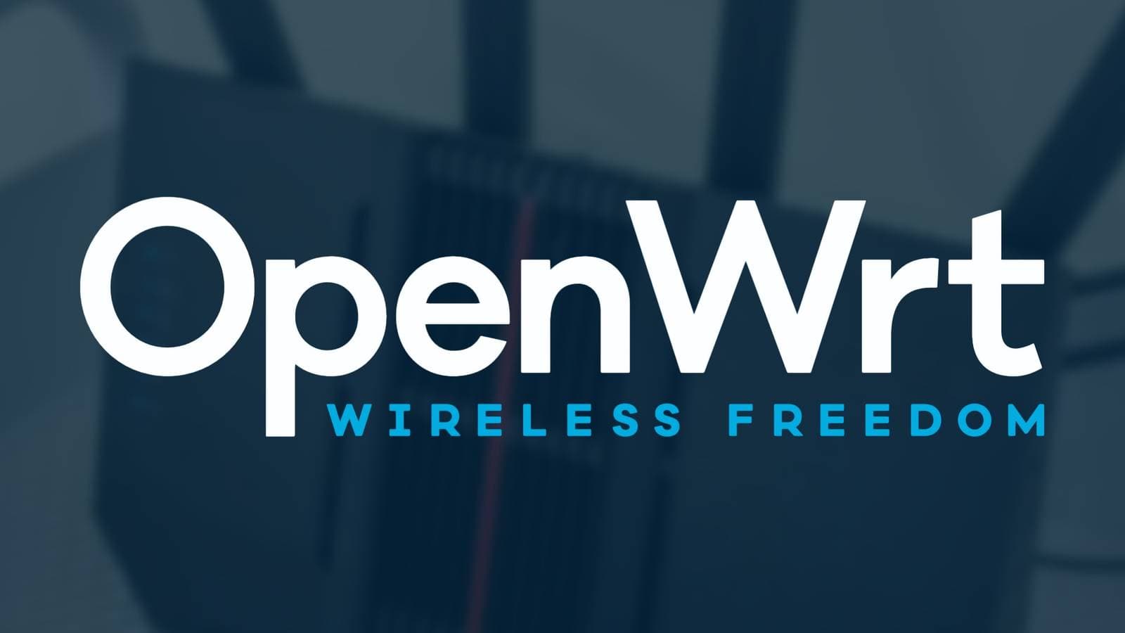 OpenWrt wordmark over a blurred router background